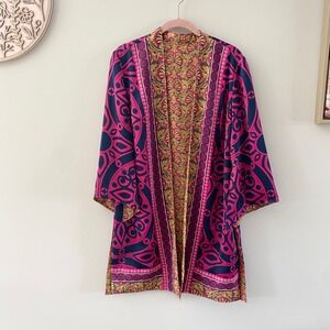 Chico's OS Reversible Bohemian Kimono Jacket Navy Pink Gold Medallion Open Front